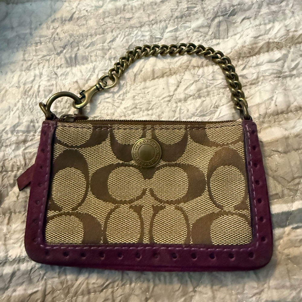 Coach Brown and Purple Wristlet with Gold Chain